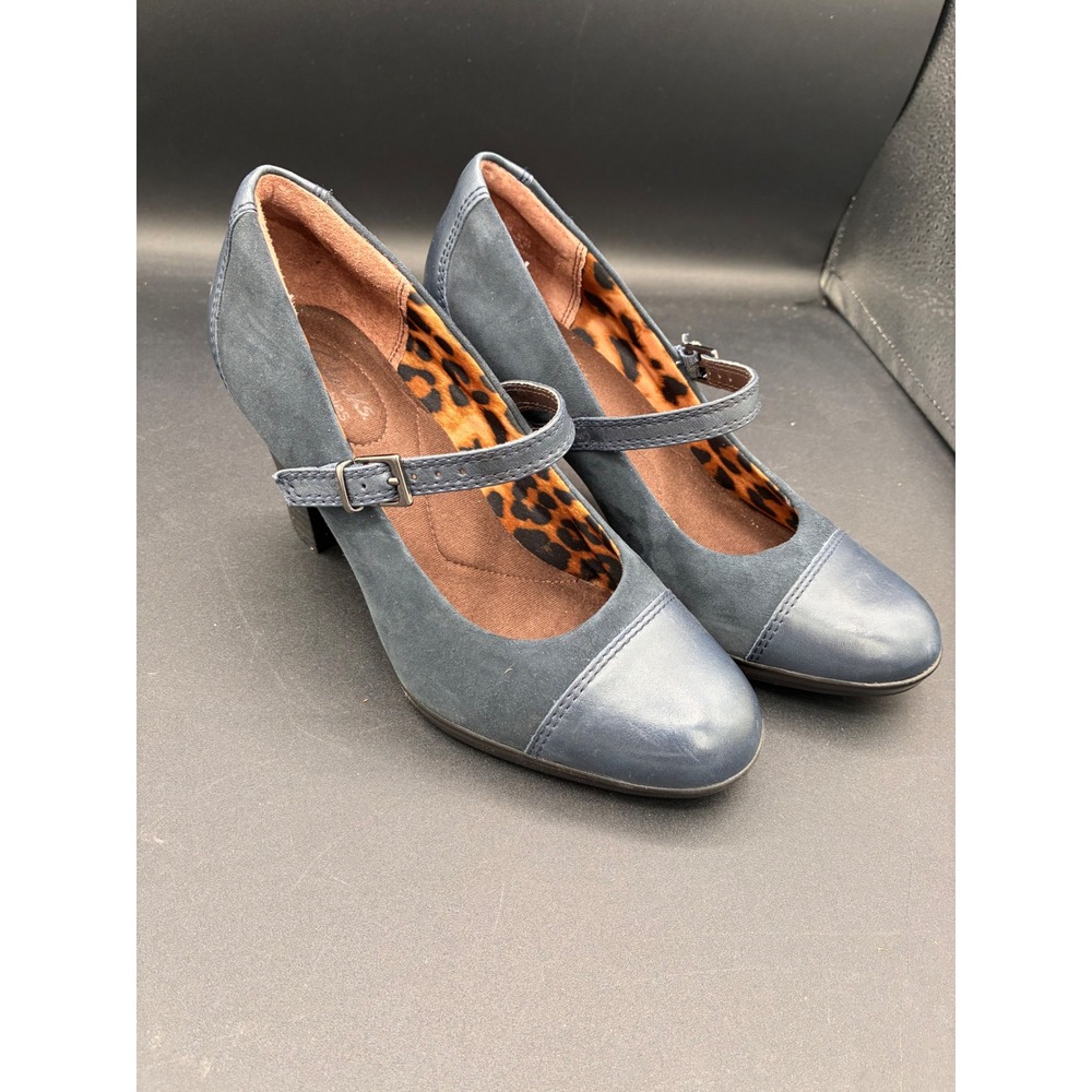 Clarks Bendables Navy Blue Leather Suede Mary Jane Pumps Leopard Print 7M 60595 - Picture 1 of 11